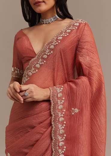 Rust Orange Crushed Tissue Saree With Cutdana Beads And Sequins Embroidery
