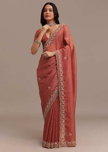 Rust Orange Crushed Tissue Saree With Cutdana Beads And Sequins Embroidery