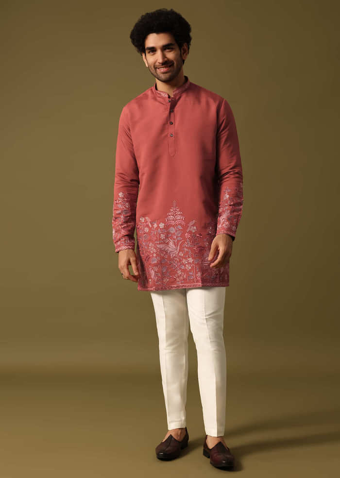 Rust Orange Kurta Set In Resham Work For Men