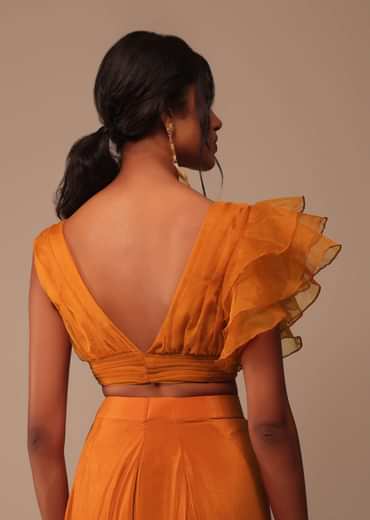 Rust Orange Saree With Fancy Ruffle Blouse And Embroidered Belt