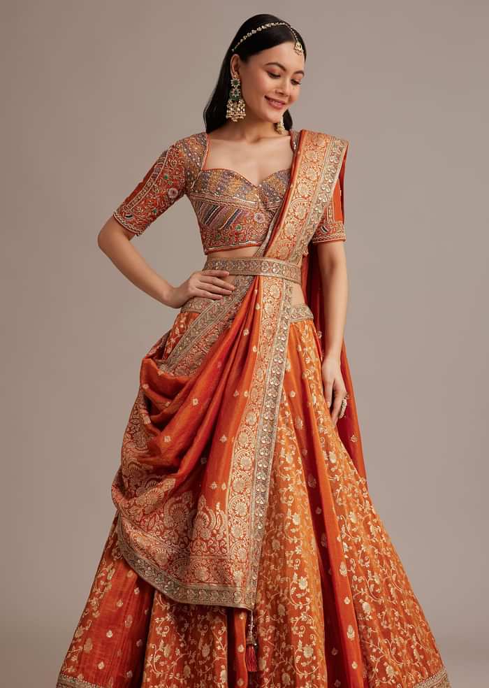 Rust Orange Tissue Lehenga Set With Resham Zari And Sequins Work
