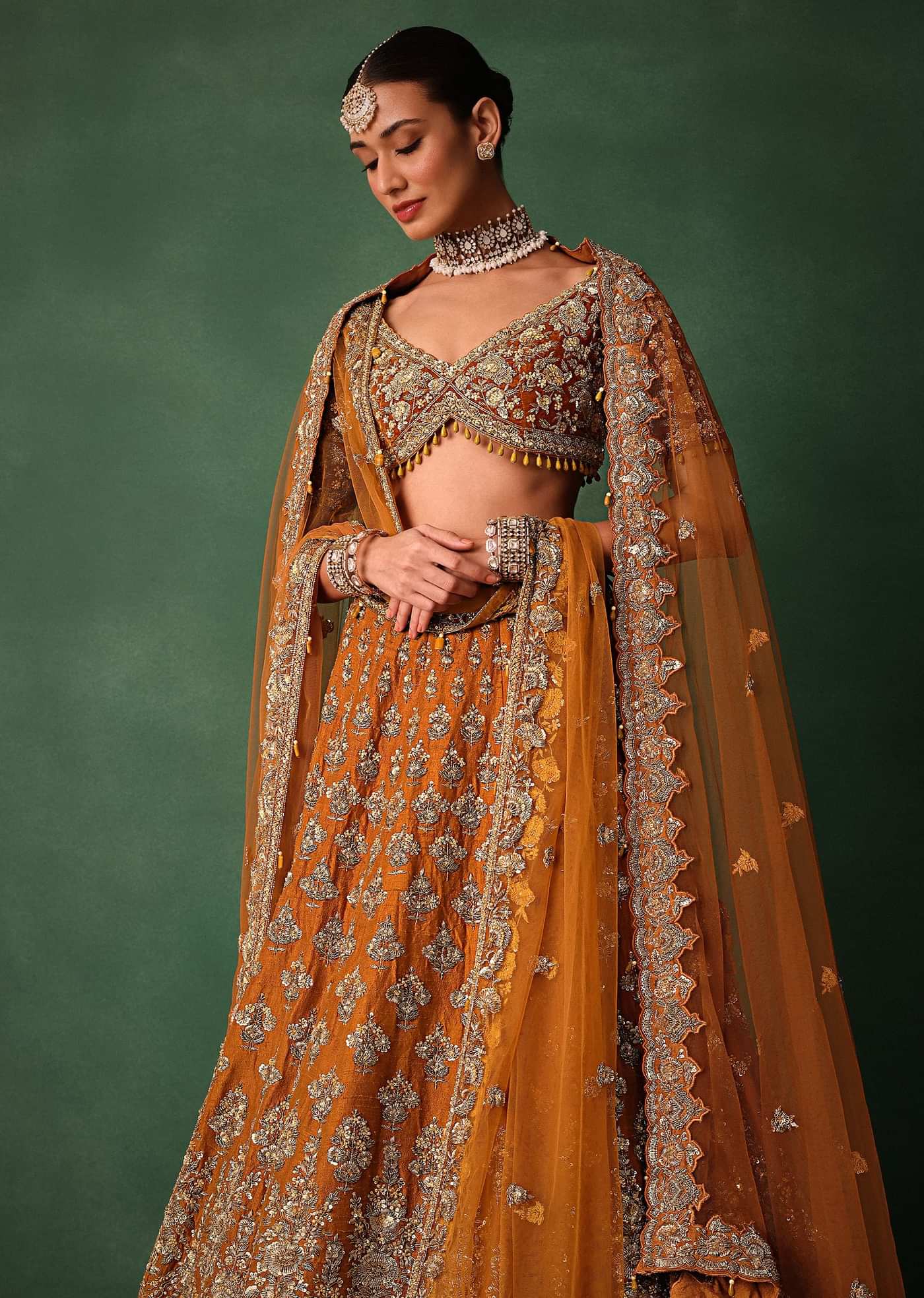 Rust Raw Silk Zardosi Embroidered Bridal Lehenga With Dupatta