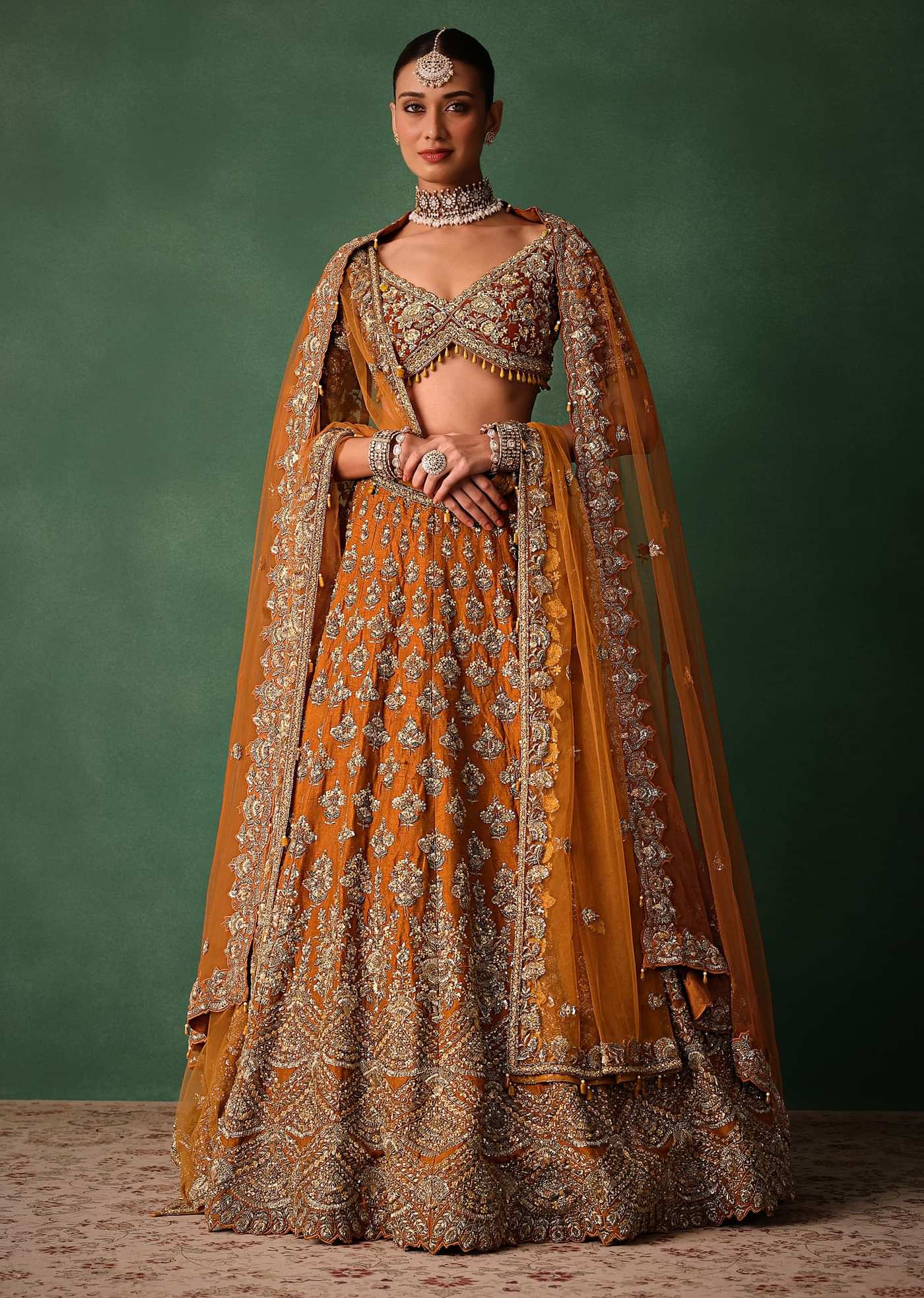 Rust Raw Silk Zardosi Embroidered Bridal Lehenga With Dupatta