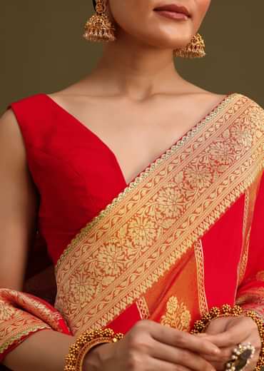 Rust Red Dual Shaded Saree  With Zari Brocade Pallu And Unstitched Blouse