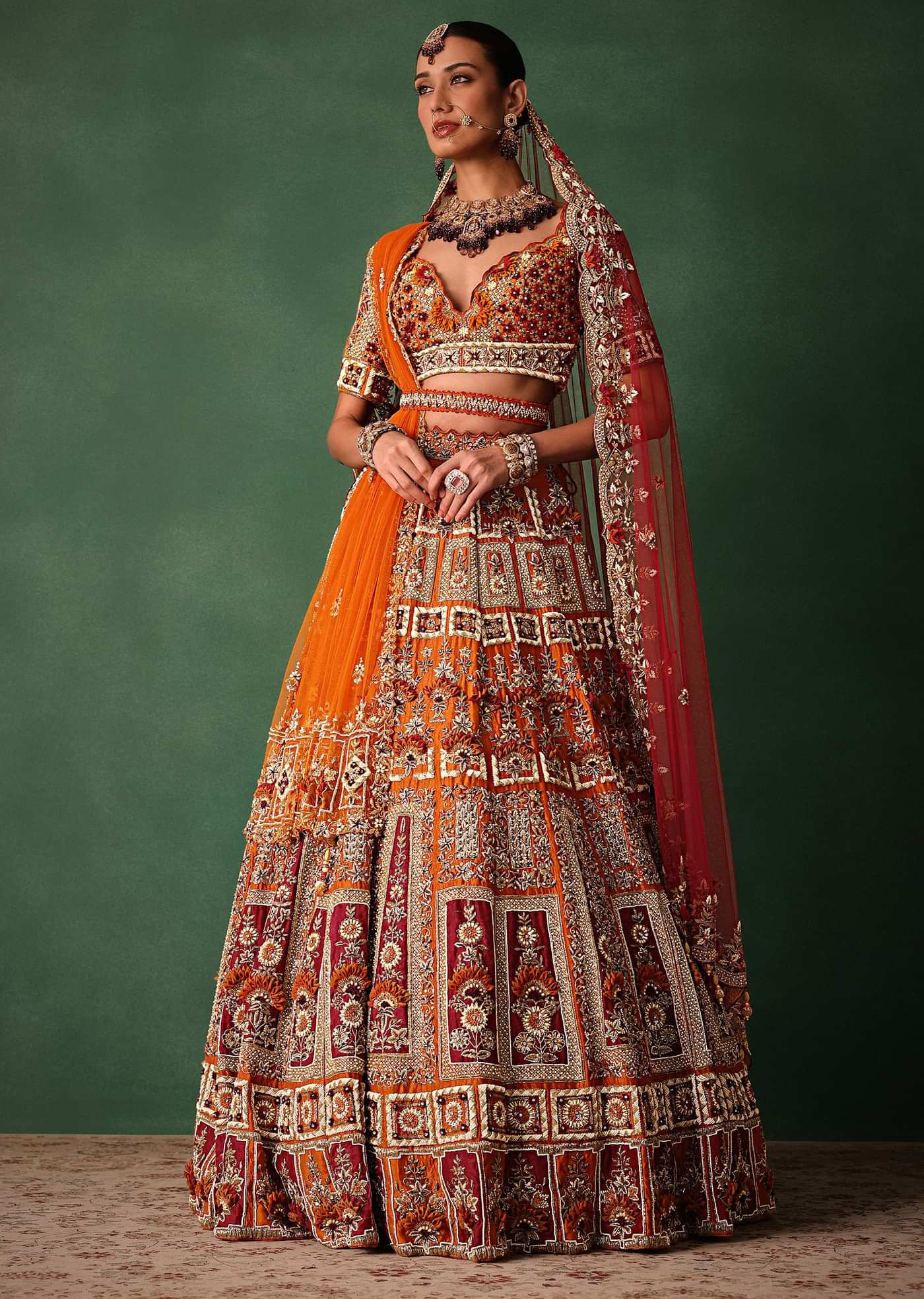 Rust Red Hand Work Bridal Lehenga With Deep Neckline Blouse And Dupatta