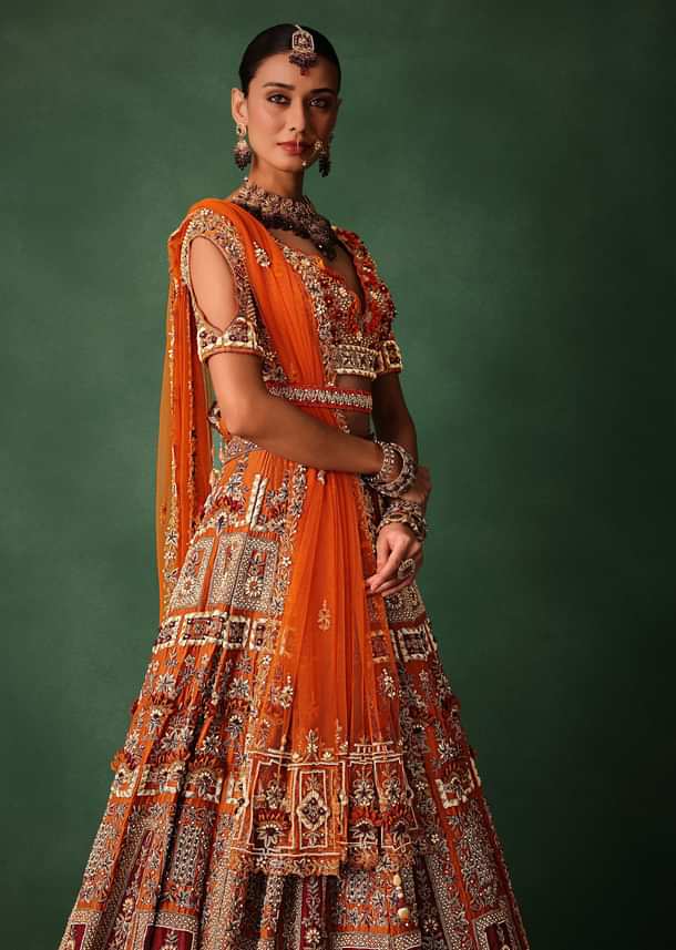 Rust Red Hand Work Bridal Lehenga With Deep Neckline Blouse And Dupatta
