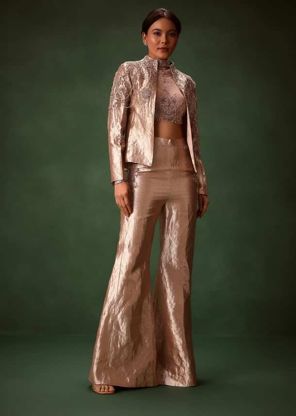 Rust Stretch Net Bell Bottom Set With Embroidered Blazer And Polo Neck Top