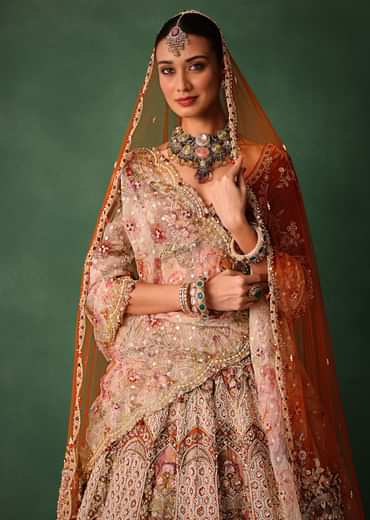 Rust V Neck Blouse With Heavy Jaal Cutdana Work Bridal Lehenga And Heavy Dupatta