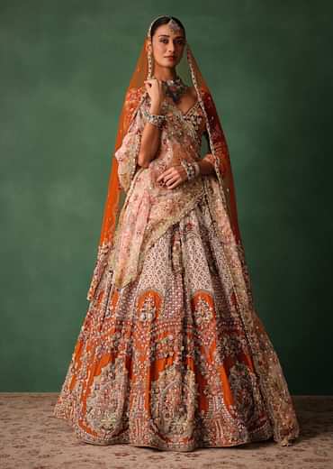 Rust V Neck Blouse With Heavy Jaal Cutdana Work Bridal Lehenga And Heavy Dupatta