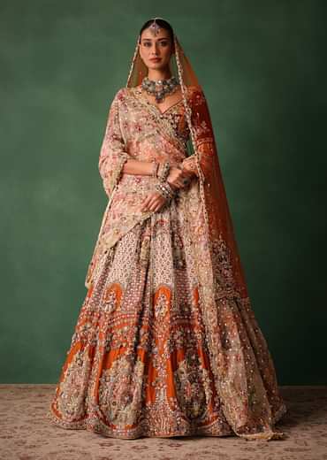 Rust V Neck Blouse With Heavy Jaal Cutdana Work Bridal Lehenga And Heavy Dupatta