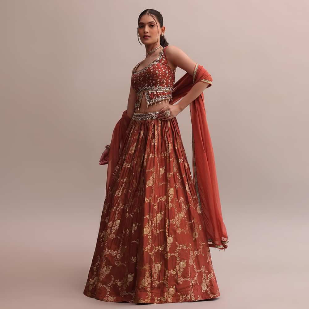 Rusty Orange Banarasi Silk Printed Lehenga With Slit Cut Choli And Dupatta