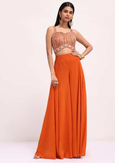 Rusty Orange Palazzo Set With Thread Work Cape