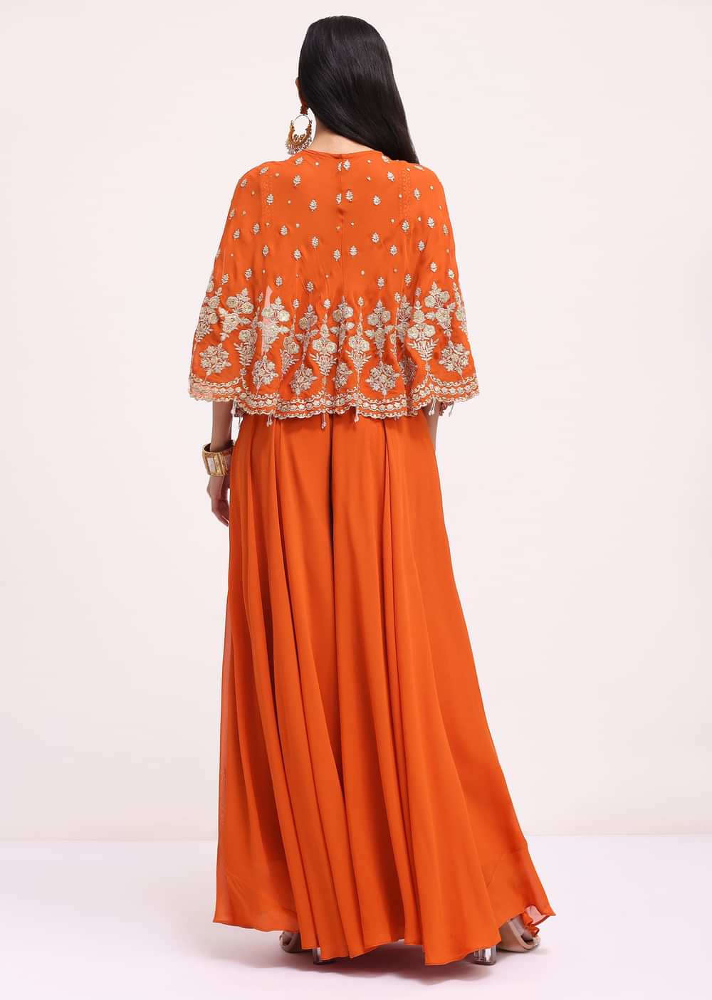Rusty Orange Palazzo Set With Thread Work Cape