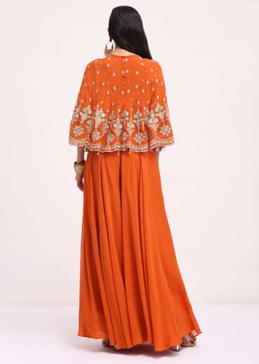 Rusty Orange Palazzo Set With Thread Work Cape
