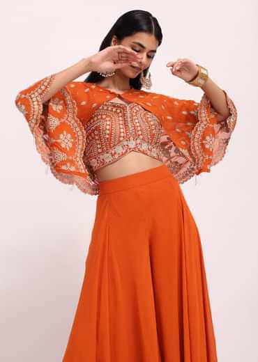 Rusty Orange Palazzo Set With Thread Work Cape