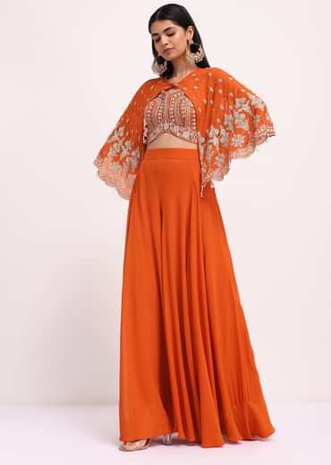 Rusty Orange Palazzo Set With Thread Work Cape