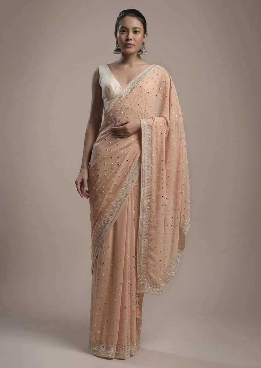 Powder Peach Saree In Georgette With Abla Embroidered Buttis And Unstitched Blouse Online - Kalki Fashion