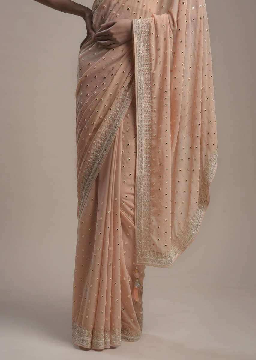 Powder Peach Saree In Georgette With Abla Embroidered Buttis And Unstitched Blouse Online - Kalki Fashion
