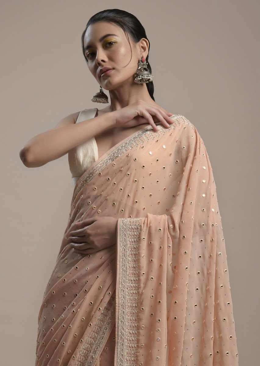 Powder Peach Saree In Georgette With Abla Embroidered Buttis And Unstitched Blouse Online - Kalki Fashion