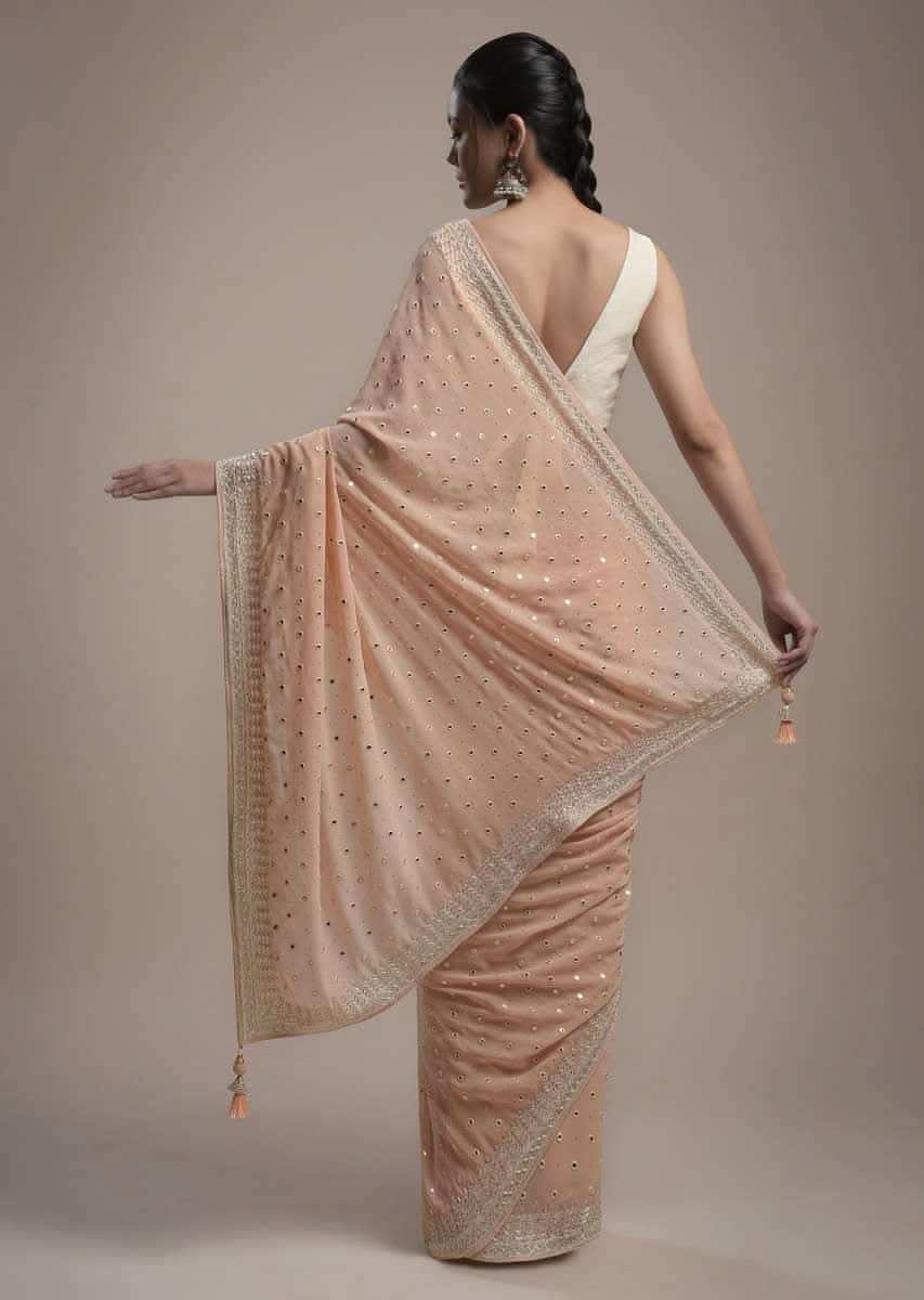 Powder Peach Saree In Georgette With Abla Embroidered Buttis And Unstitched Blouse Online - Kalki Fashion