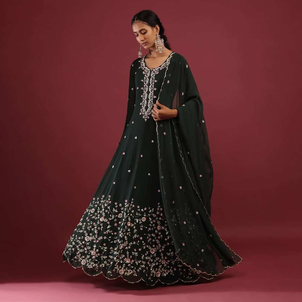 Peacock Green Anarkali Suit In Georgette With Multicolored Sequin Embroidered Floral Design