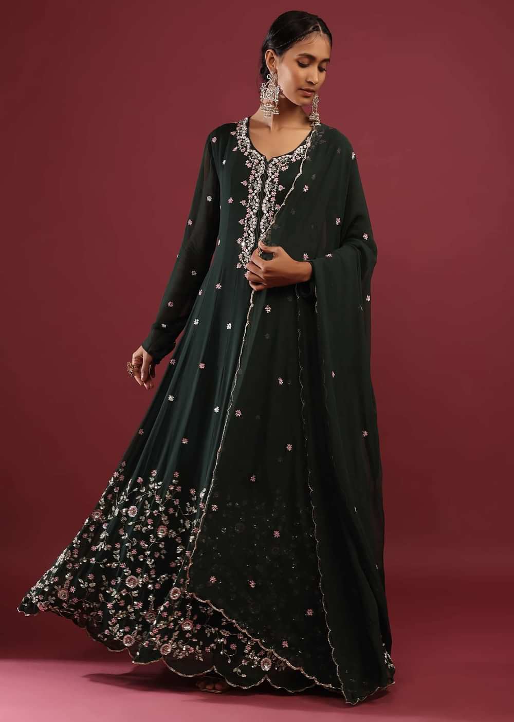 Peacock Green Anarkali Suit In Georgette With Multicolored Sequin Embroidered Floral Design