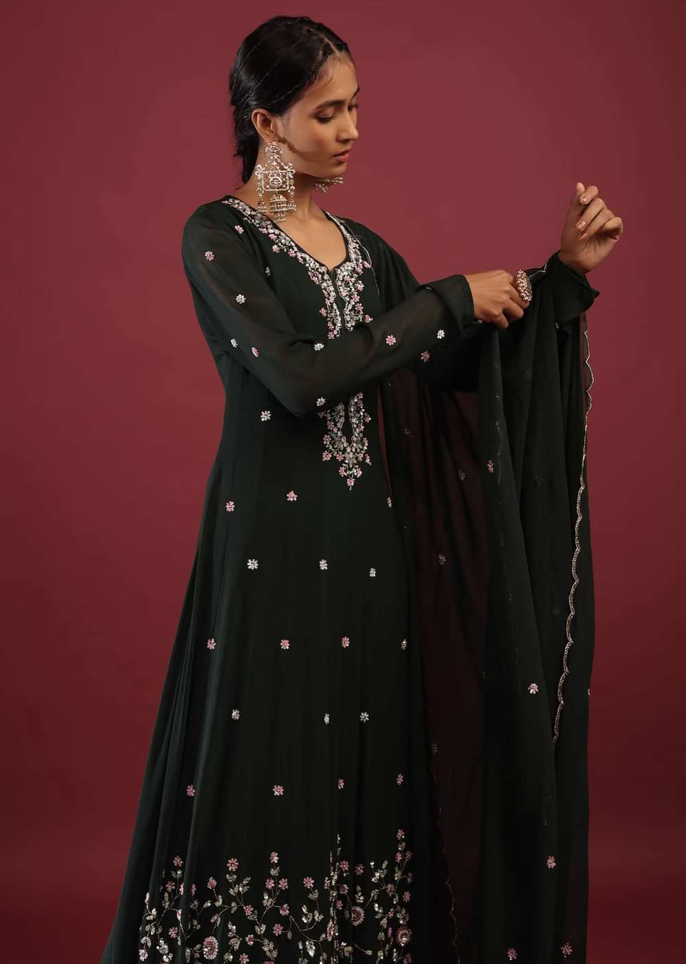 Peacock Green Anarkali Suit In Georgette With Multicolored Sequin Embroidered Floral Design