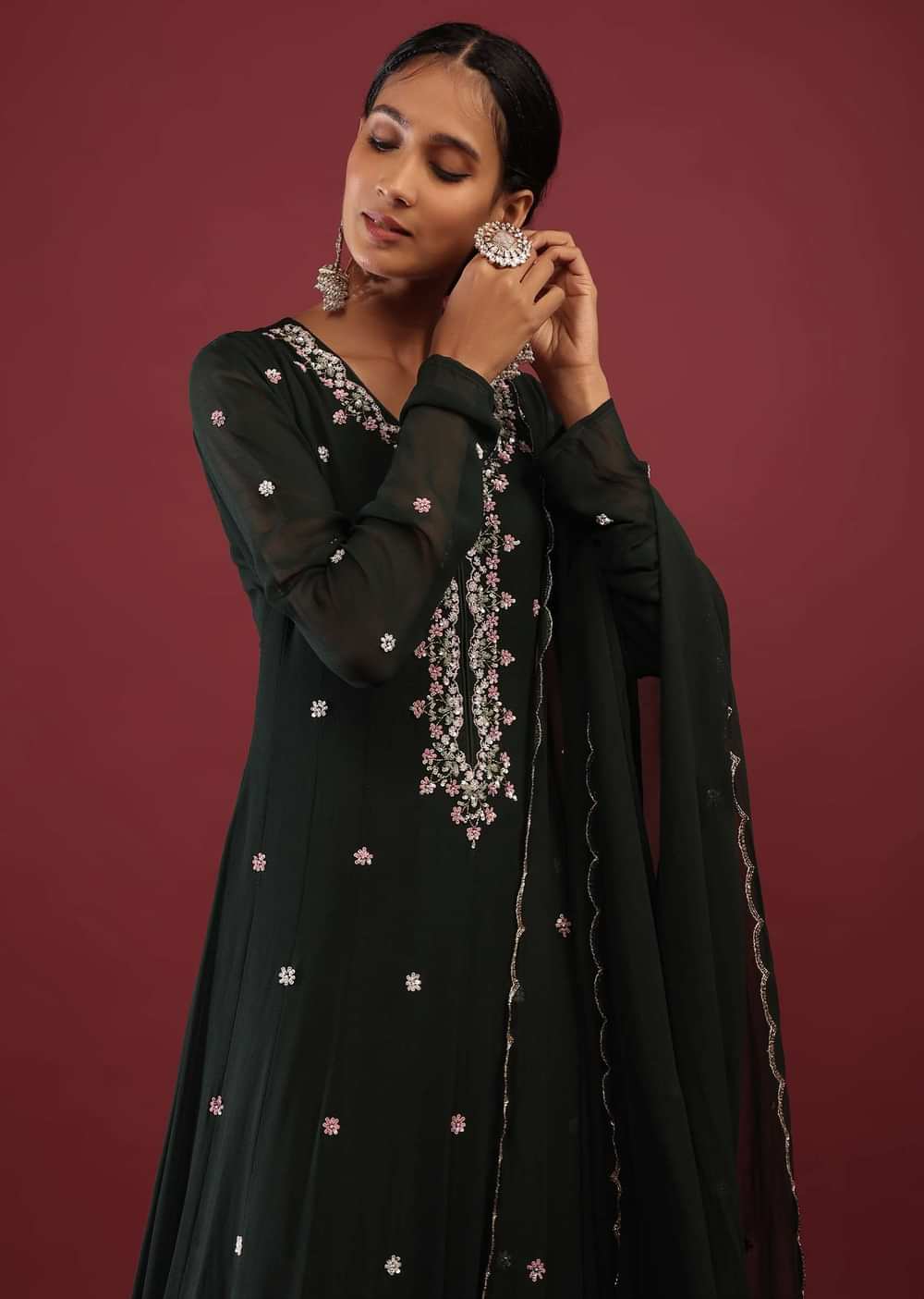 Peacock Green Anarkali Suit In Georgette With Multicolored Sequin Embroidered Floral Design