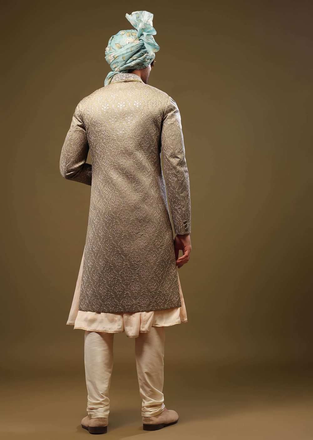 Mocha Brown Silk Sherwani Set With Threadwork And Sequins