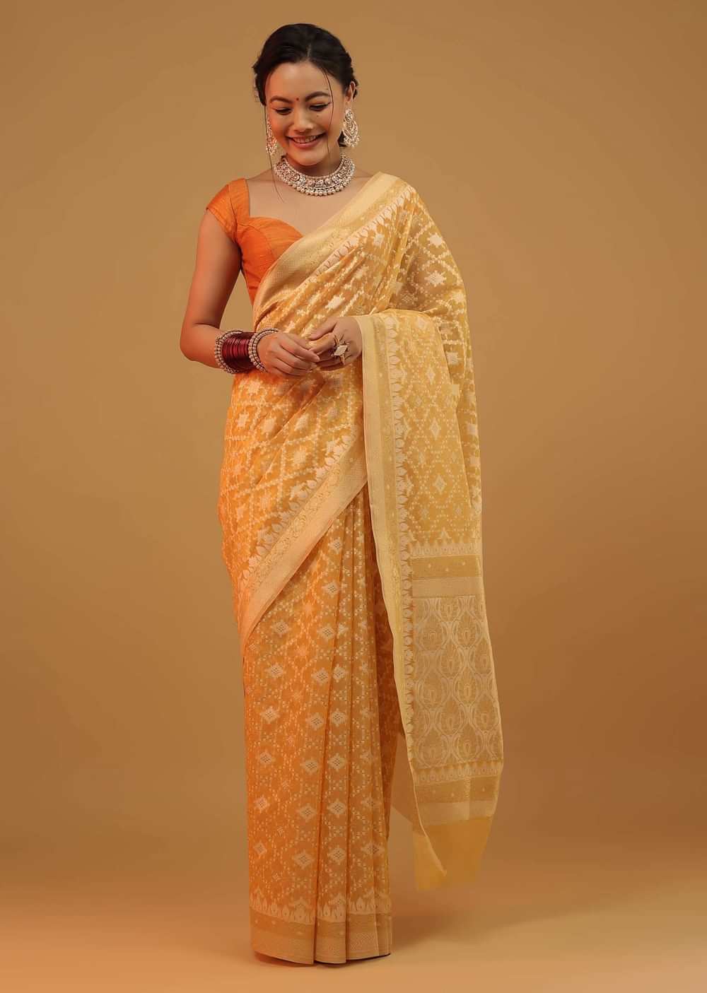 Amber Yellow Saree In Pure Cotton Handloom And Weaving In Banarasi Chanderi