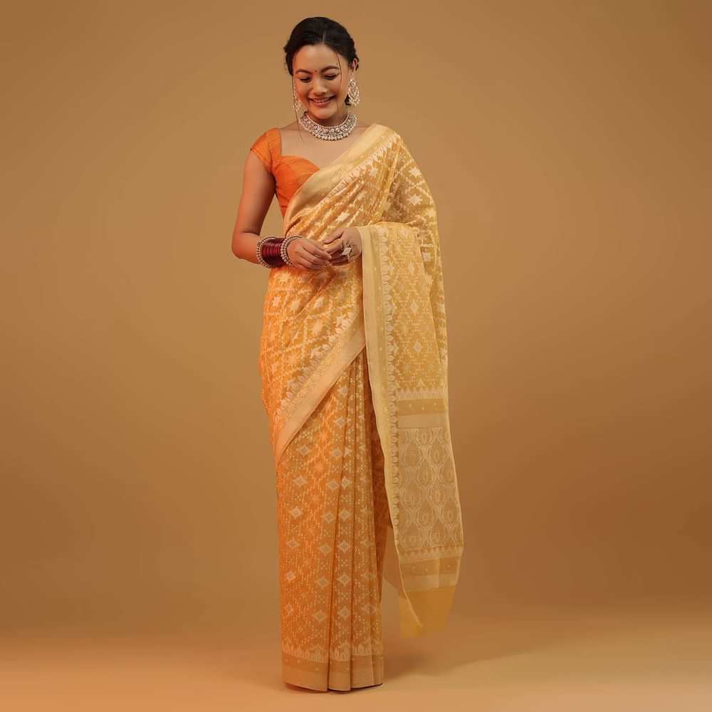 Amber Yellow Saree In Pure Cotton Handloom And Weaving In Banarasi Chanderi