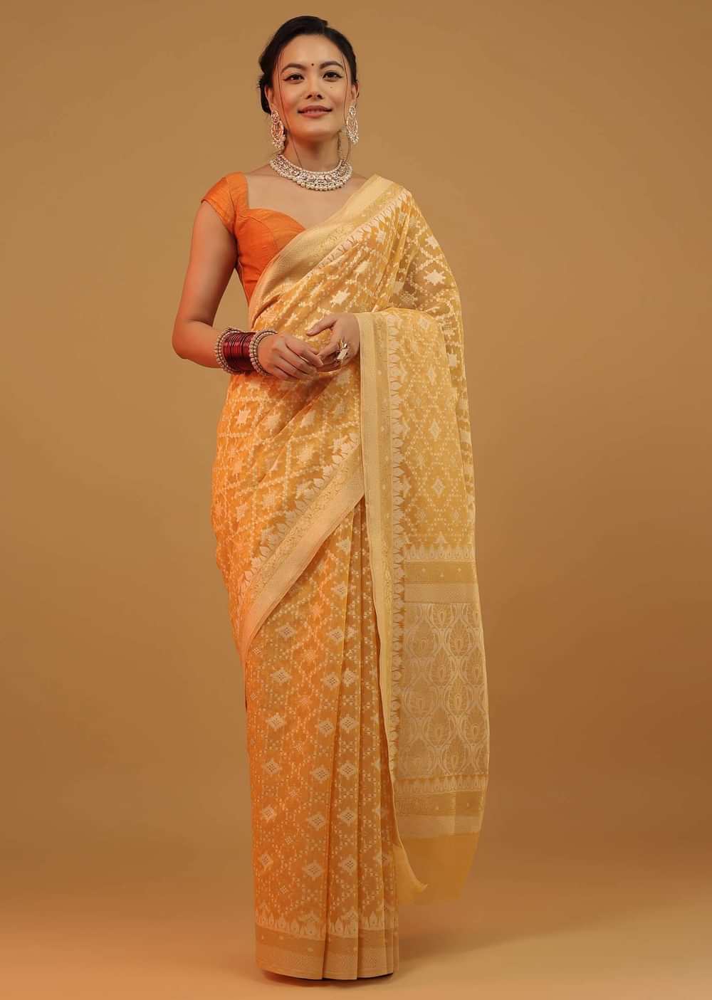 Amber Yellow Saree In Pure Cotton Handloom And Weaving In Banarasi Chanderi