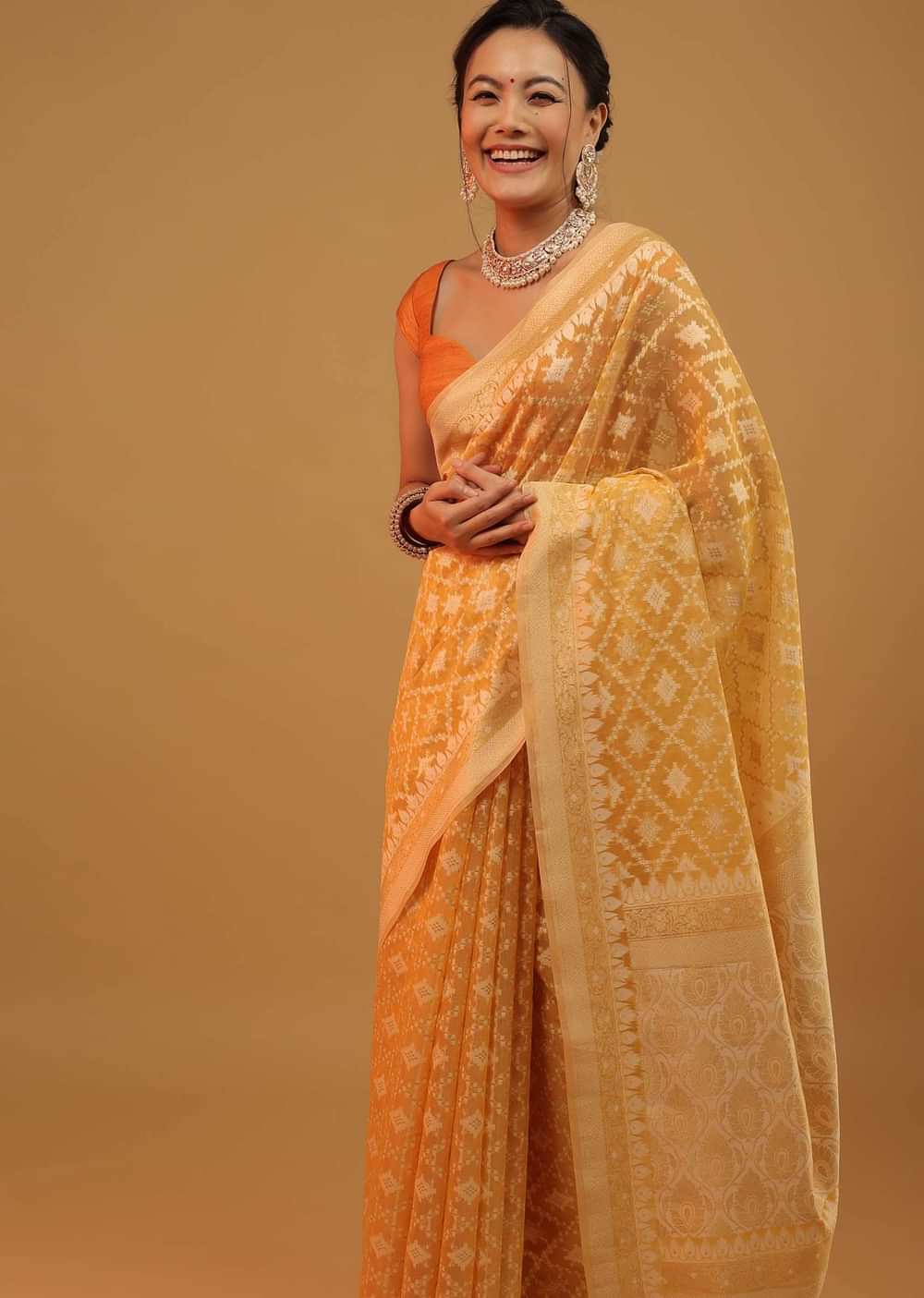 Amber Yellow Saree In Pure Cotton Handloom And Weaving In Banarasi Chanderi