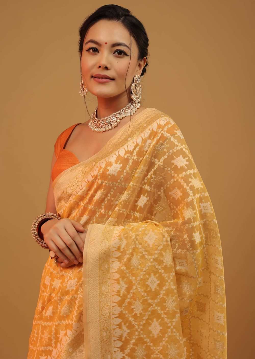 Amber Yellow Saree In Pure Cotton Handloom And Weaving In Banarasi Chanderi