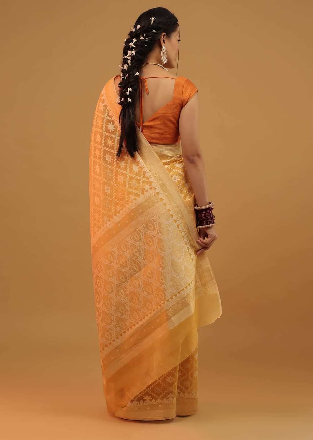 Amber Yellow Saree In Pure Cotton Handloom And Weaving In Banarasi Chanderi