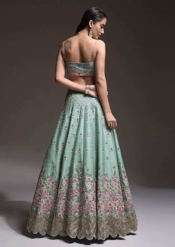Sage Green Lehenga Choli In Raw Silk With Vibrant Resham Embroidered Cluster Of Summer Blooms And Buttis