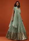 Sage Green Georgette Anarkali Suit In Sequins And Sali Work