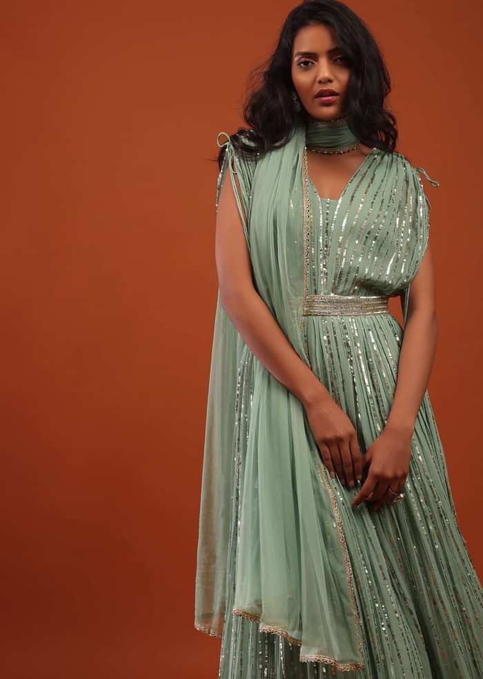 Sage Green Georgette Anarkali Suit In Sequins And Sali Work