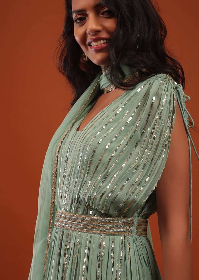 Sage Green Georgette Anarkali Suit In Sequins And Sali Work
