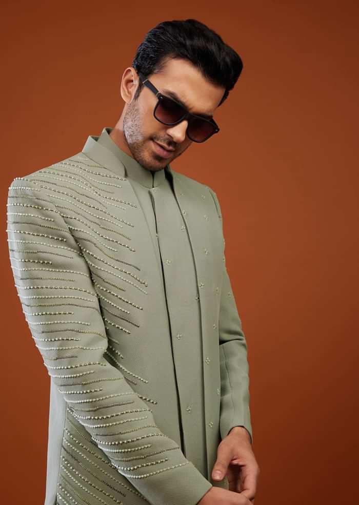 Pista Green Pearl Embroidered Sherwani Set In Imported Suiting Fabric