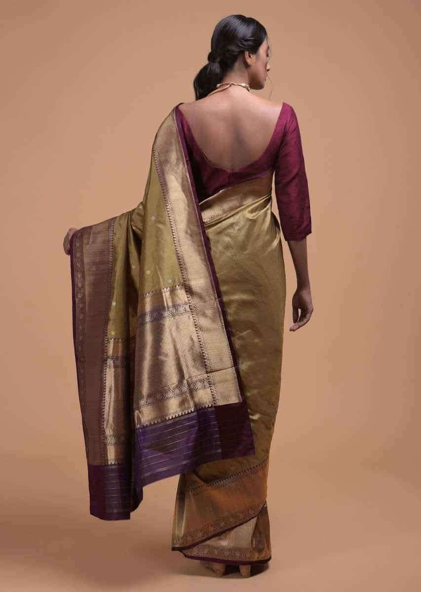 Sage Green Pure Handloom Saree In Silk With Woven Floral Buttis And Purple Border Online - Kalki Fashion