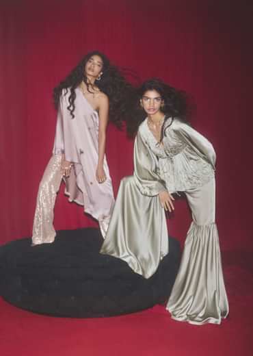 Sage Green Sharara Suit In Satin With A Peplum Top Featuring Plunging Neckline And Balloon Sleeves