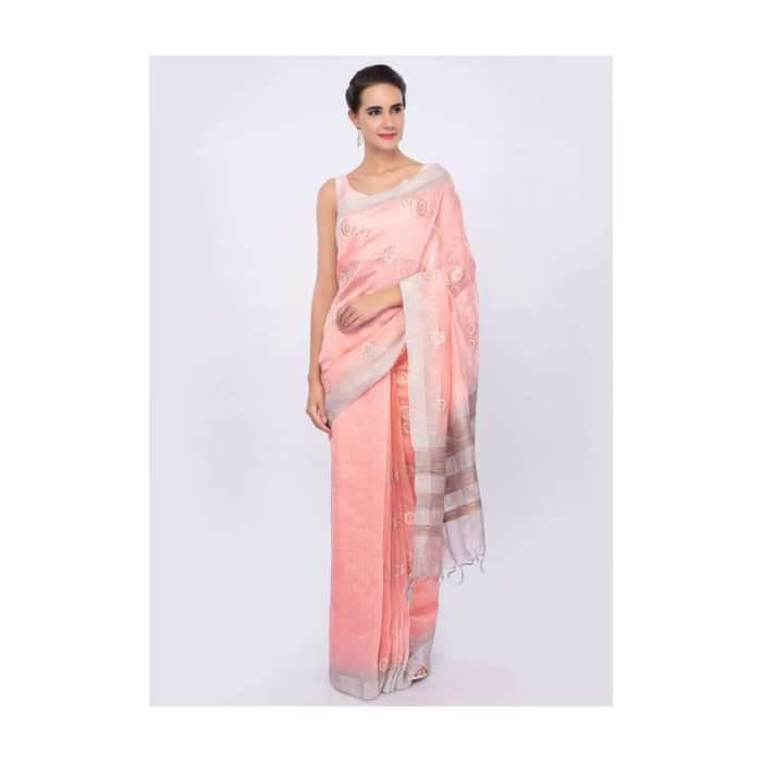 Salmon pink Linen saree with self thread embroidered butti  only on Kalki