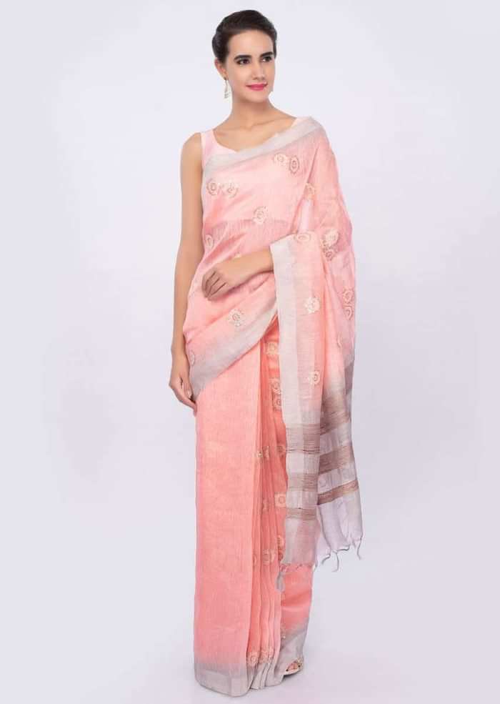 Salmon pink Linen saree with self thread embroidered butti  only on Kalki