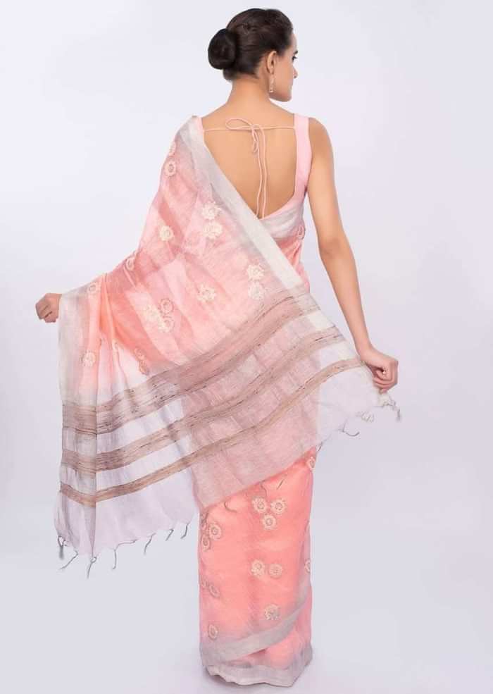Salmon pink Linen saree with self thread embroidered butti  only on Kalki