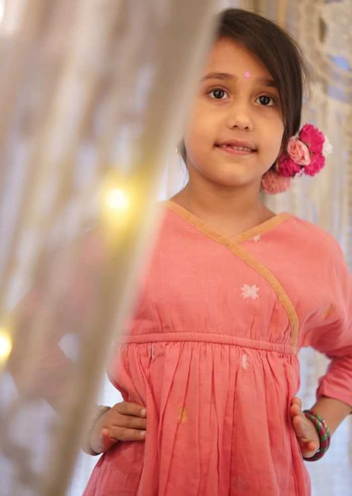 Kalki Girls Salmon Pink Stitched Wrap Style Kurta And Dark Grey Pants Set In Hand-woven Cotton Love The World Today