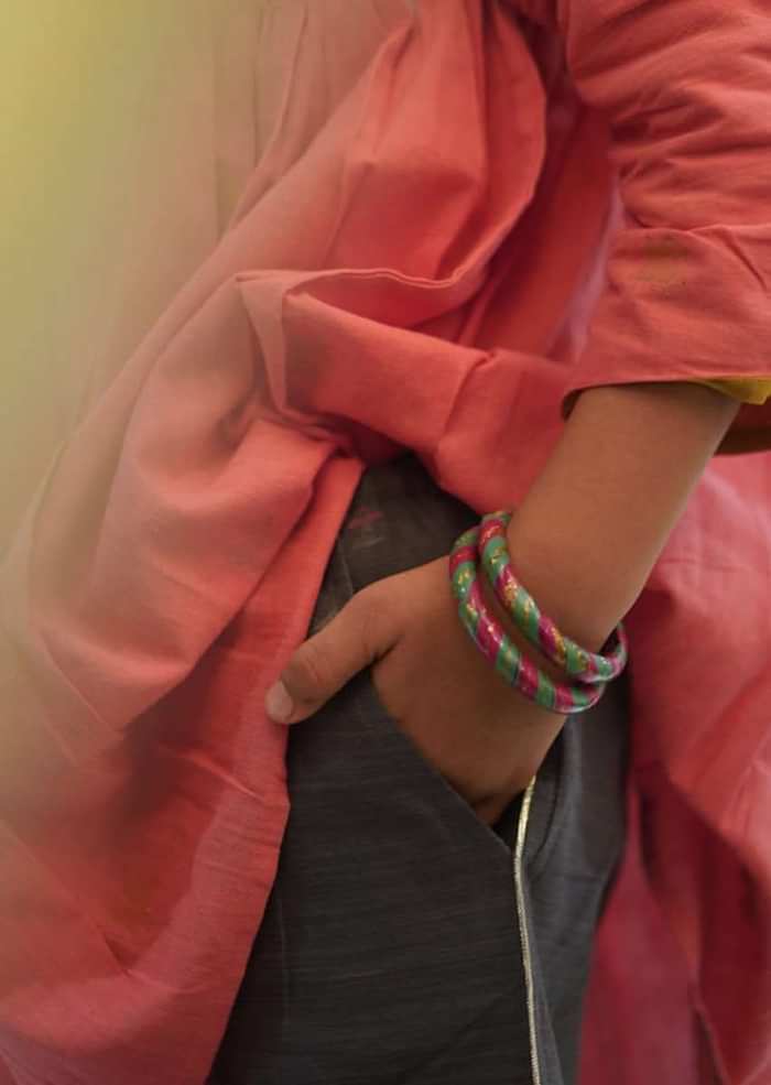 Kalki Girls Salmon Pink Stitched Wrap Style Kurta And Dark Grey Pants Set In Hand-woven Cotton Love The World Today