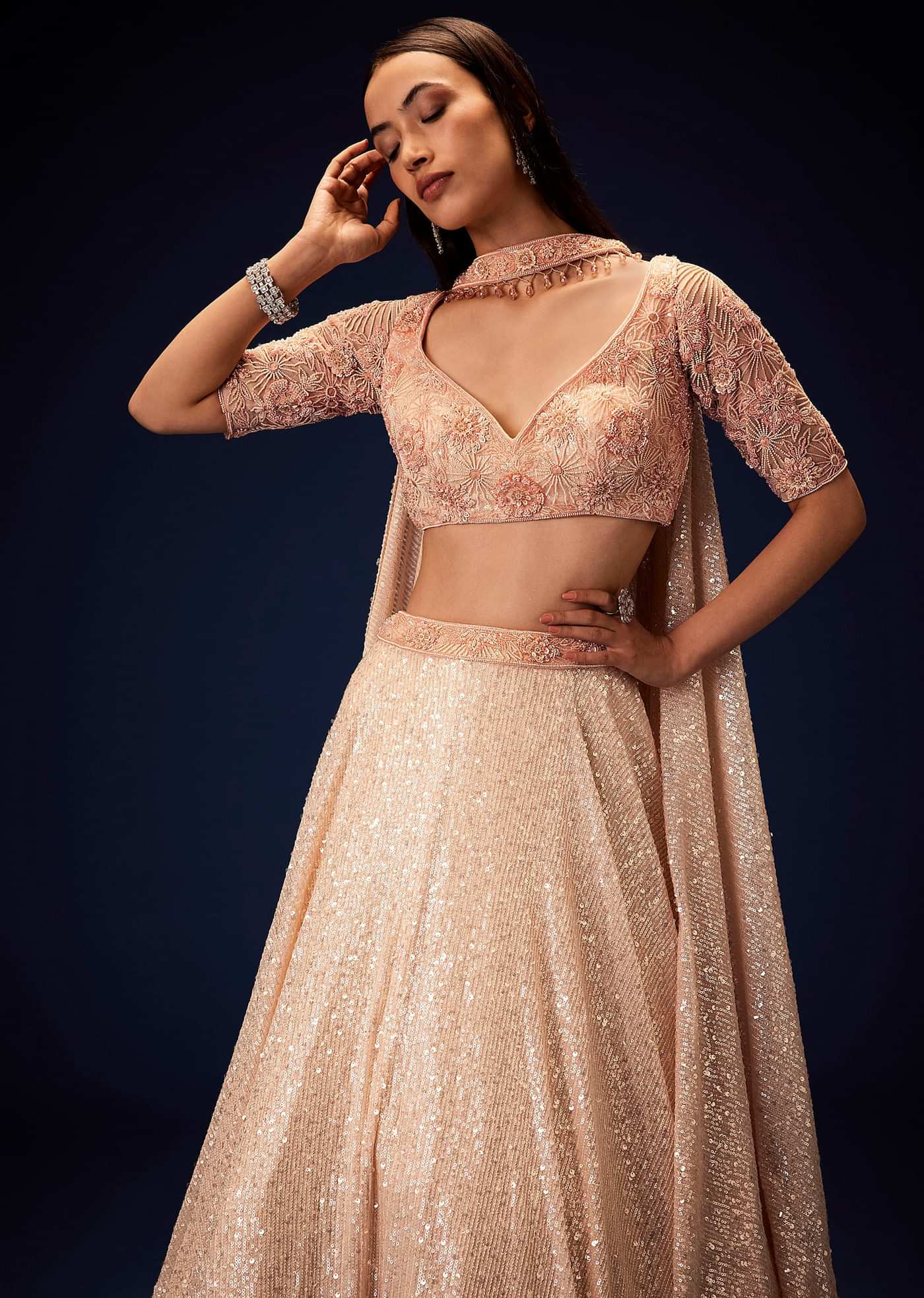 Salmon Peach Hand Embroidered Double Layer Sequence Lehenga With Frill
