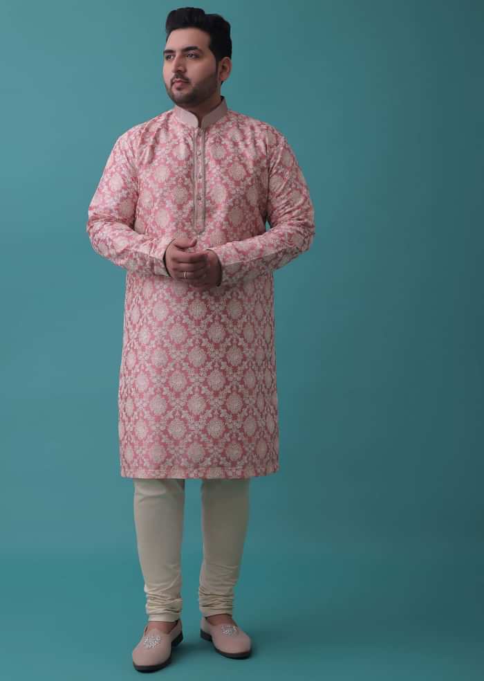 Salmon Pink Kurta Set In Bangalore Silk With Embroidered Florals
