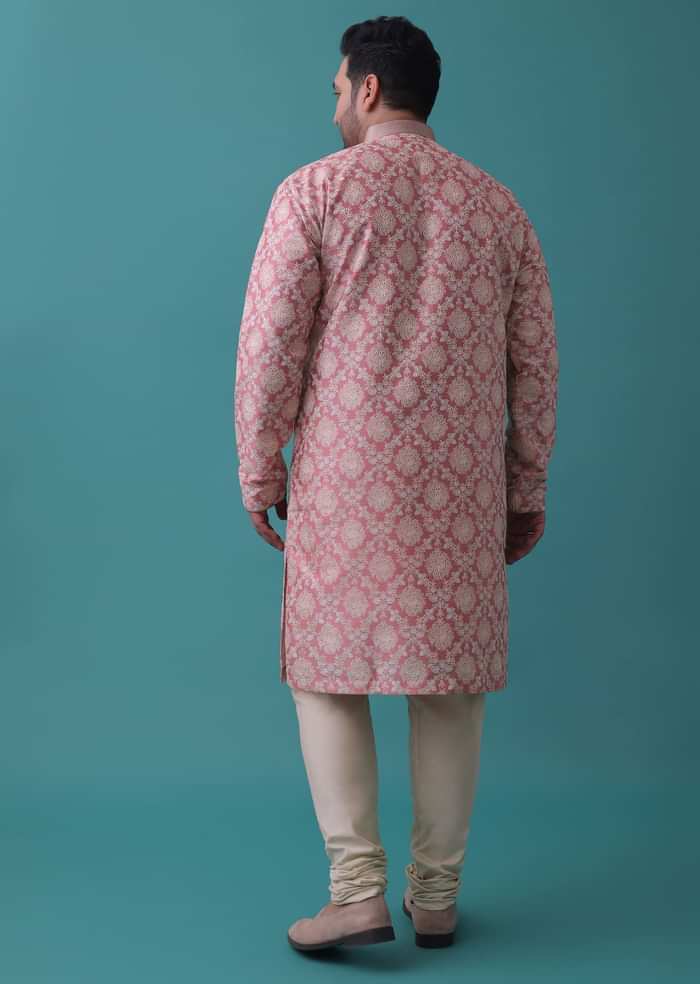 Salmon Pink Kurta Set In Bangalore Silk With Embroidered Florals